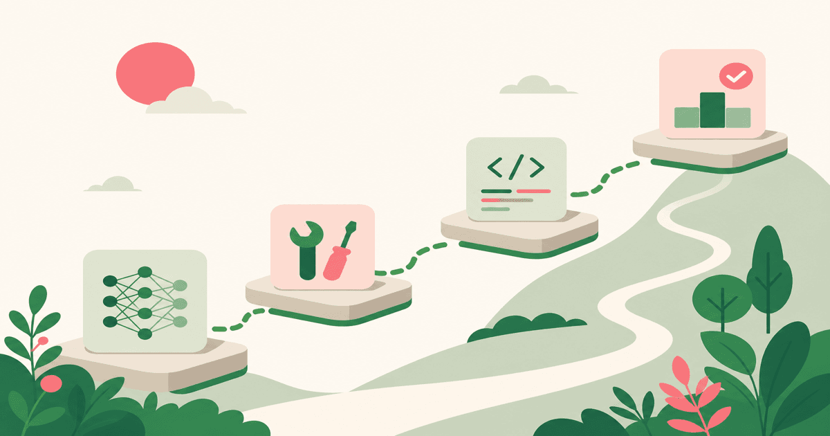 Abstract roadmap stepping from models and tools to production agentic apps