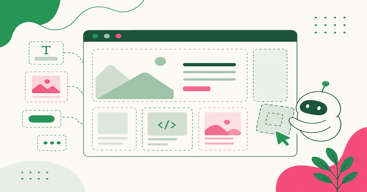 Abstract browser UI with components being assembled by an AI agent helper