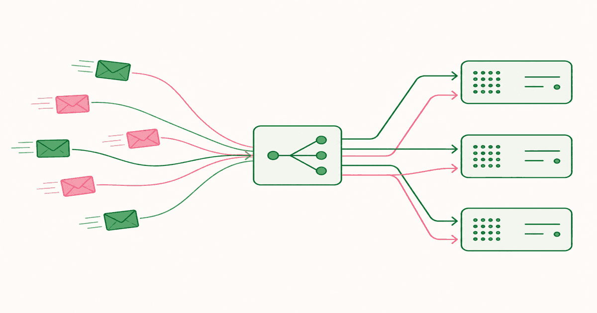 Abstract diagram of self-contained requests flowing through a load balancer to interchangeable server nodes